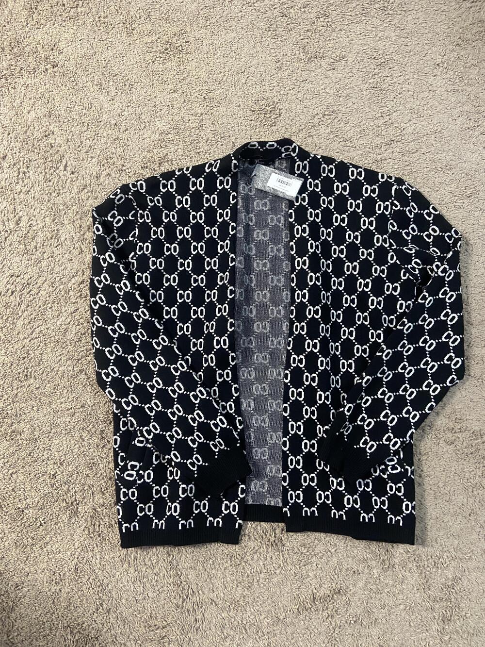 Pazo Sweater Mens 3XL Black CO Logo Graphic Open Front Cardigan Knit Casual